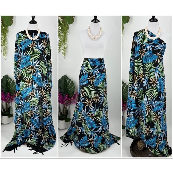 Black/Green/Blue Tropical Floral Palm MAXI SARONG Kīkepa Pareo Beach Wrap Skirt - Picture 4 of 5